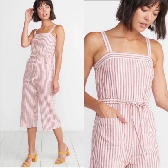 Marine Layer Pants - Marine Layer Wide Leg Cropped Jumpsuit Red Ivory Striped Size Small